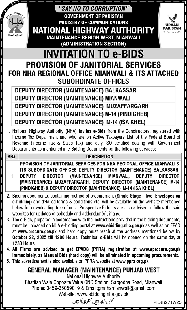 National Highway Authority Mianwali Tender Notice
